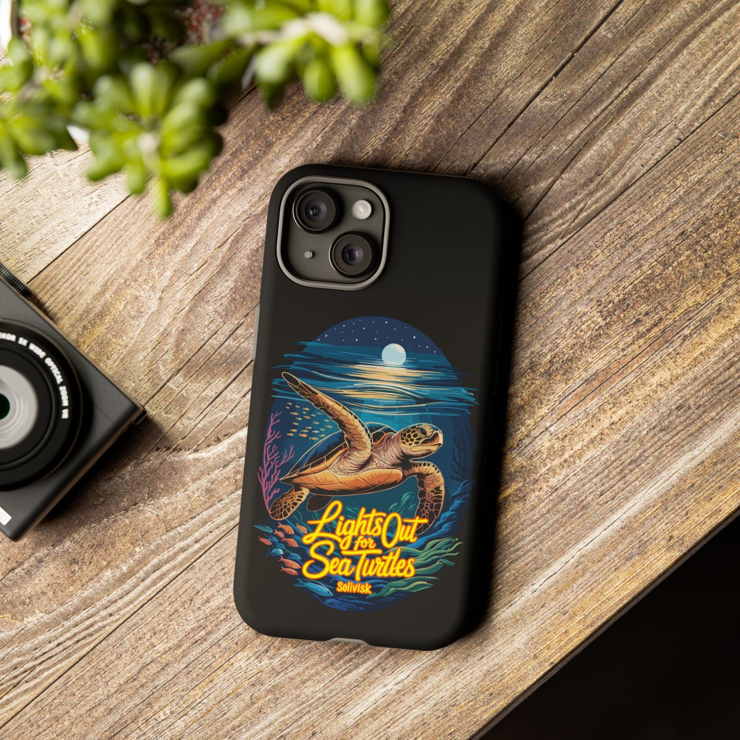 SoliVisk Coastal Collection “Lights Out for Sea Turtles” Black iPhone 12 - 15 Cases Matte Finish