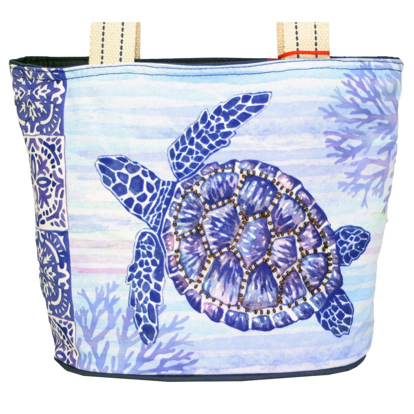 Blue Sea Turtle Small Shoulder Tote Bag with Beaded Accents