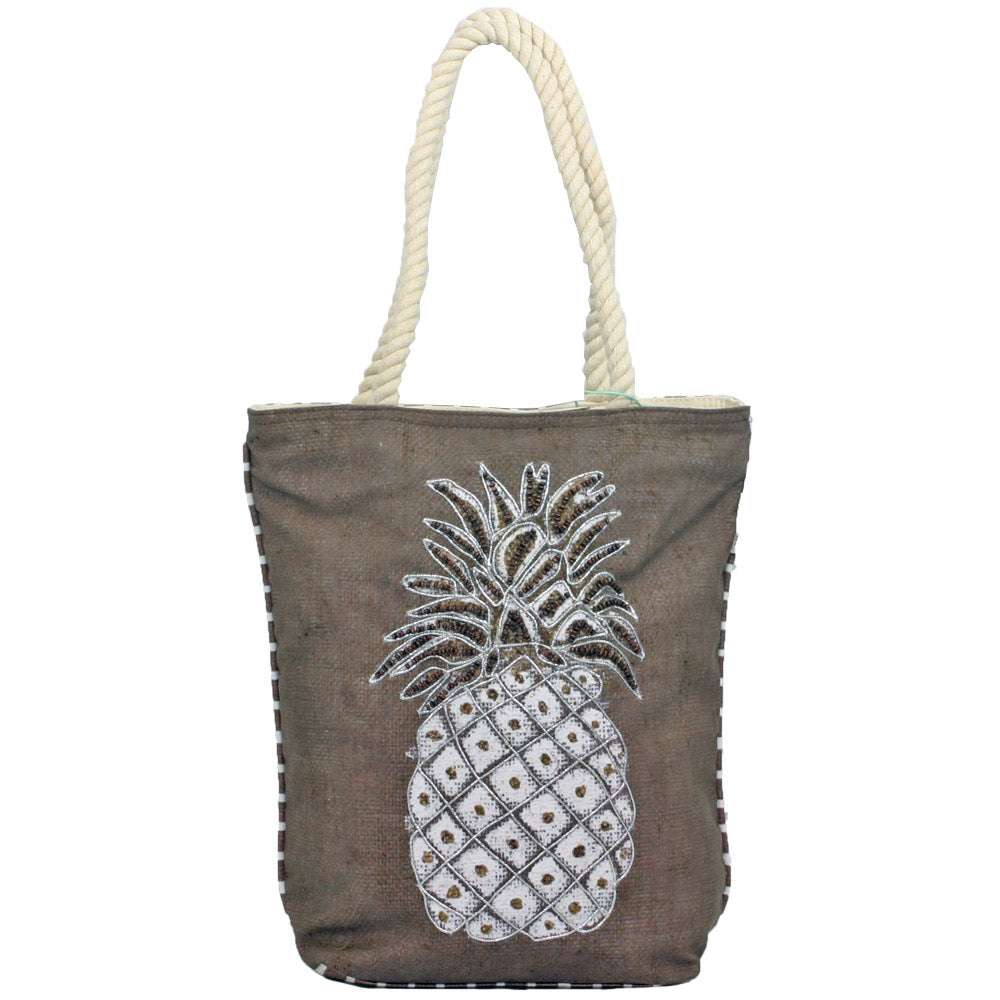 Brown Pineapple Tote Bag with Rope Handle and Siver Accents
