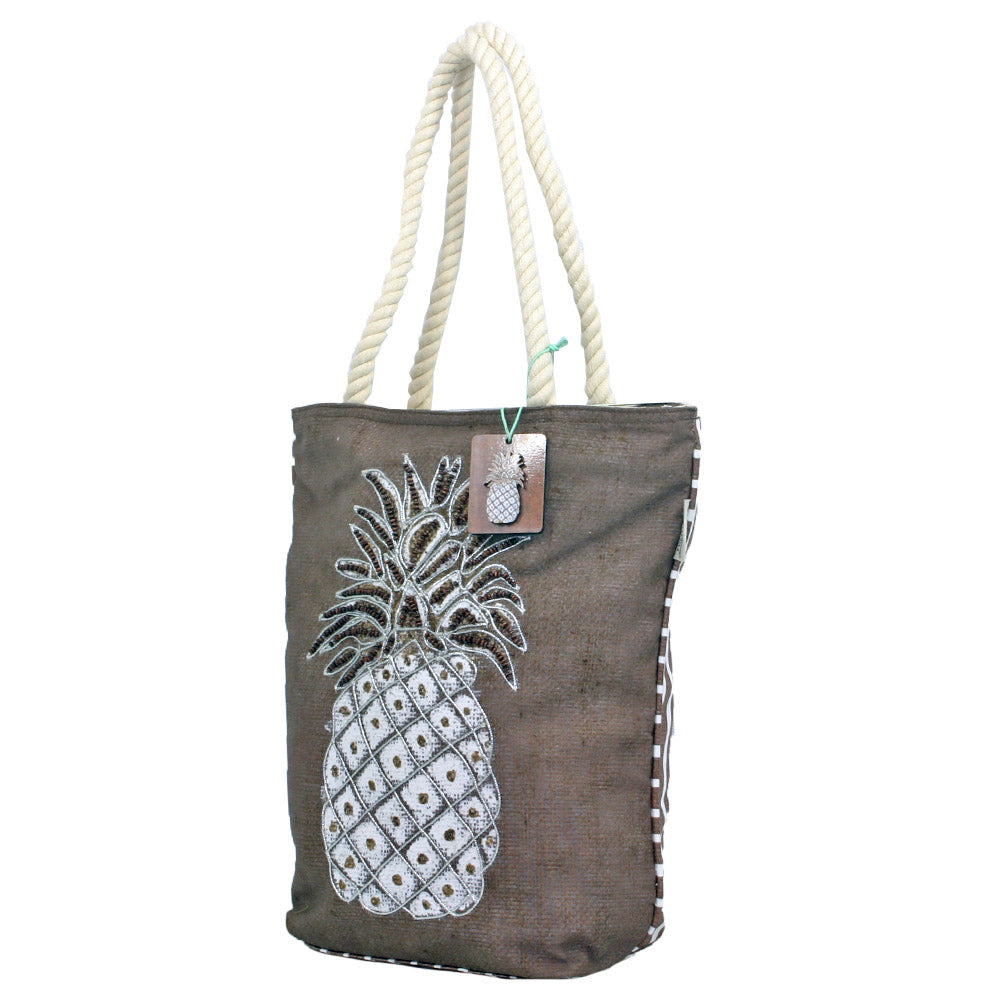 Brown Pineapple Tote Bag with Rope Handle and Siver Accents