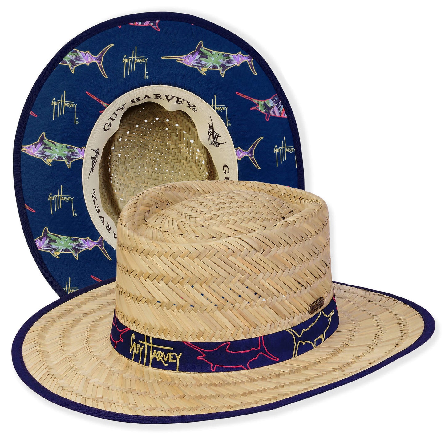 Guy Harvey Gambler Seagrass Straw Hat 3” Brim Navy Trim