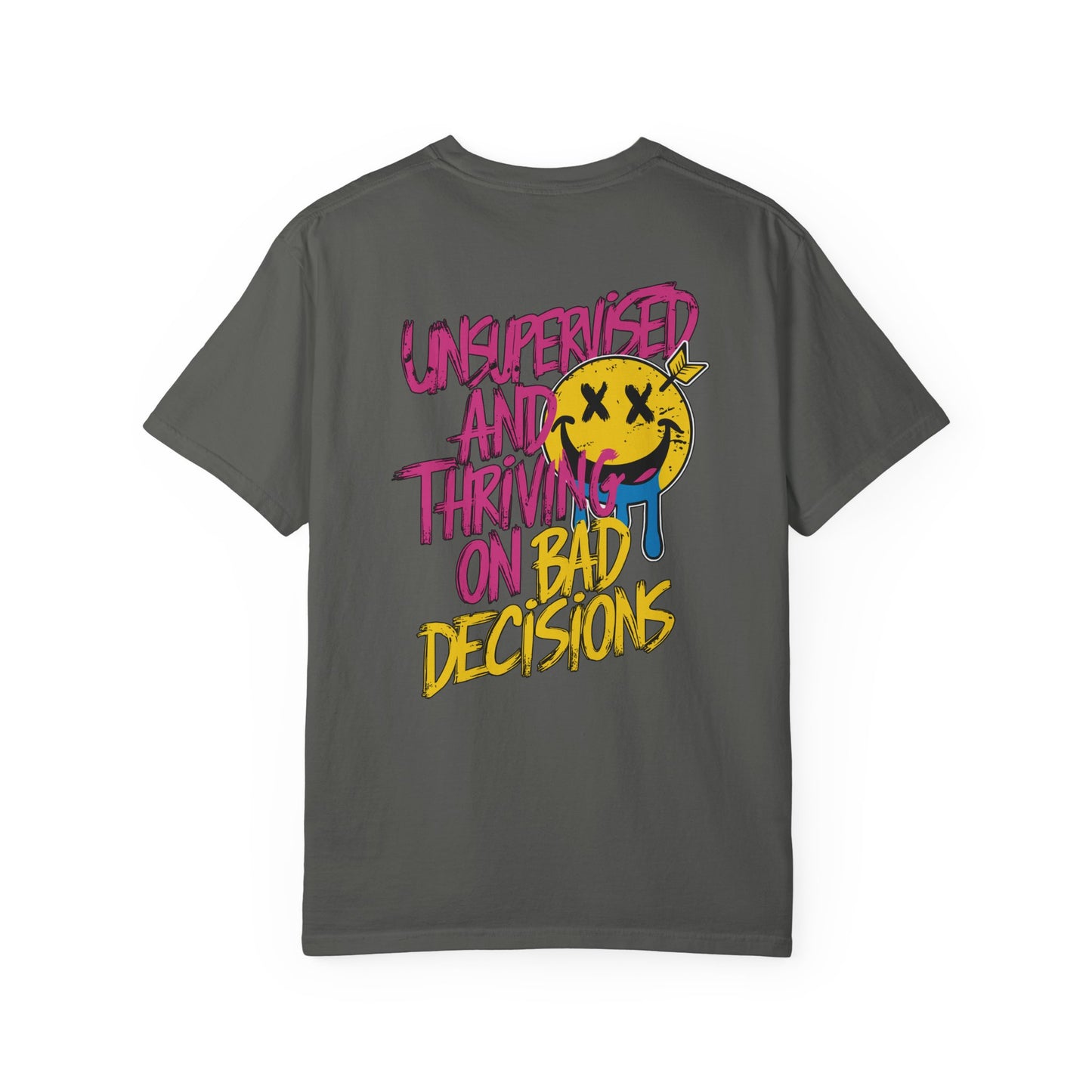 SoliVisk Unsupervised and Thriving on Bad Decisions Old School Smiley Face Design - Retro Skater Style Funny Unisex T-shirt