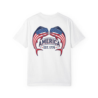 SoliVisk Patriotic USA Flag Mahi Mahi Dolphin Saltwater Fishing T Shirt