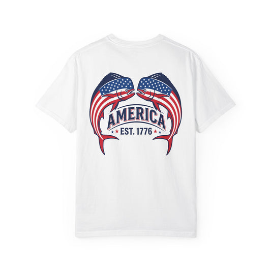 SoliVisk Patriotic USA Flag Mahi Mahi Dolphin Saltwater Fishing T Shirt