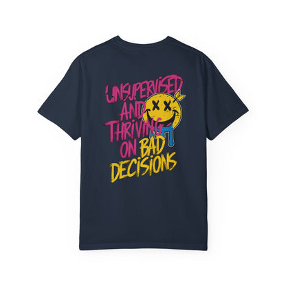 SoliVisk Unsupervised and Thriving on Bad Decisions Old School Smiley Face Design - Retro Skater Style Funny Unisex T-shirt
