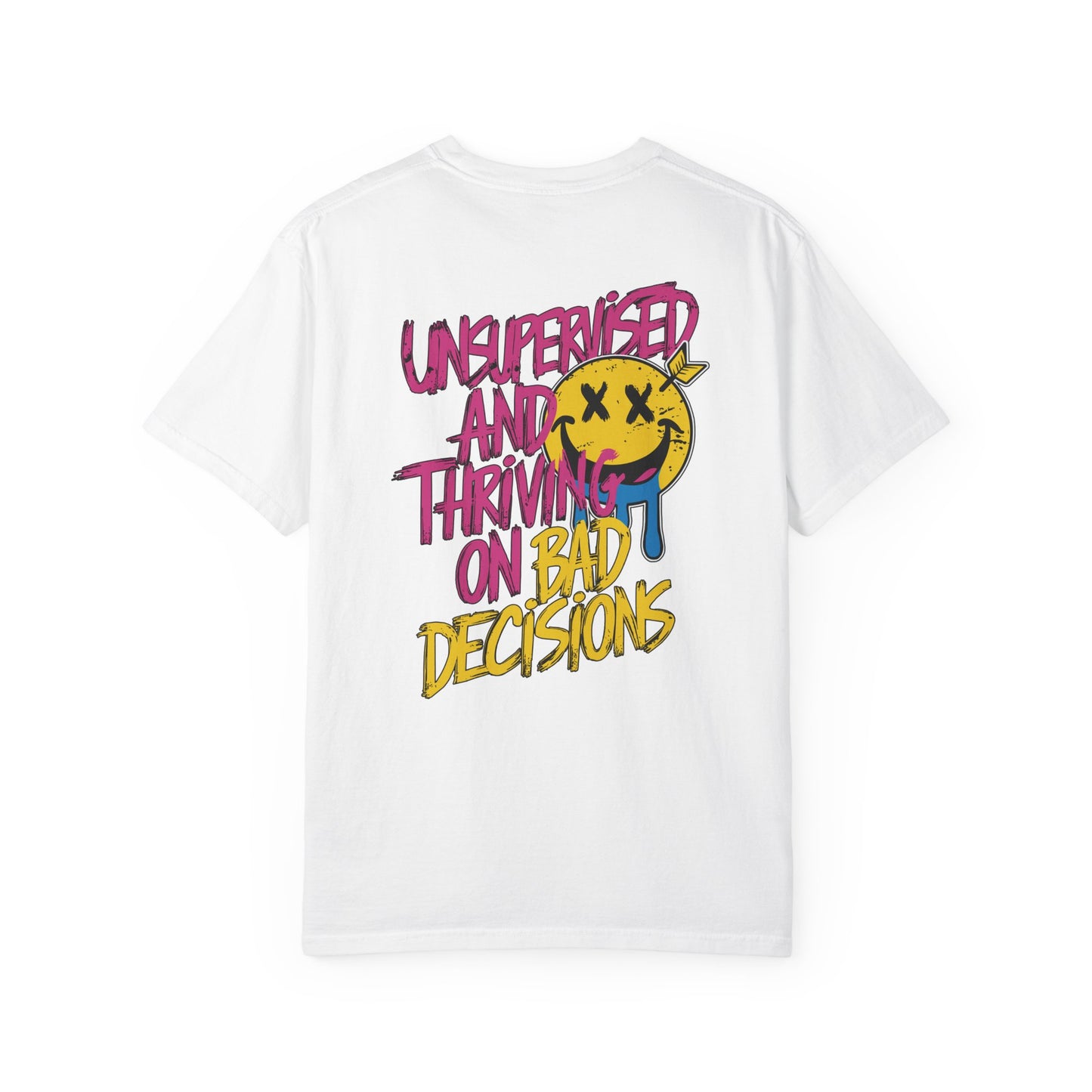 SoliVisk Unsupervised and Thriving on Bad Decisions Old School Smiley Face Design - Retro Skater Style Funny Unisex T-shirt