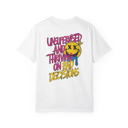 SoliVisk Unsupervised and Thriving on Bad Decisions Old School Smiley Face Design - Retro Skater Style Funny Unisex T-shirt