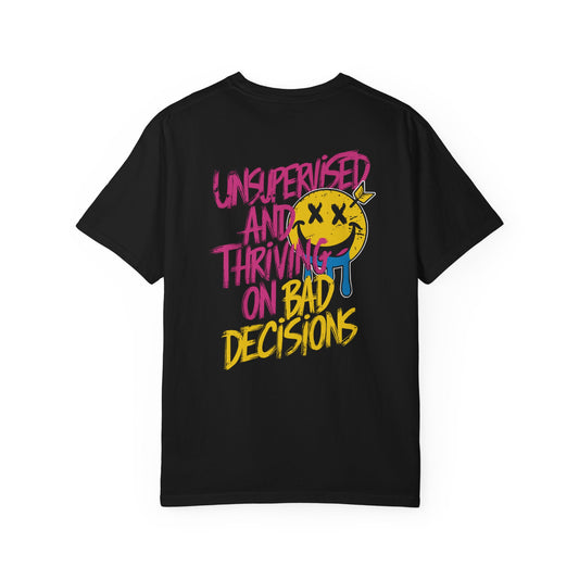 SoliVisk Unsupervised and Thriving on Bad Decisions Old School Smiley Face Design - Retro Skater Style Funny Unisex T-shirt