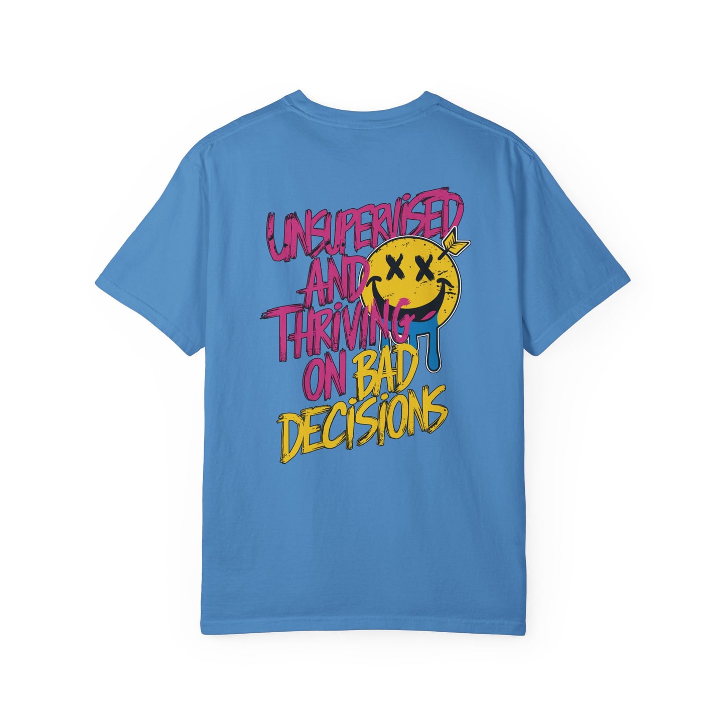 SoliVisk Unsupervised and Thriving on Bad Decisions Old School Smiley Face Design - Retro Skater Style Funny Unisex T-shirt