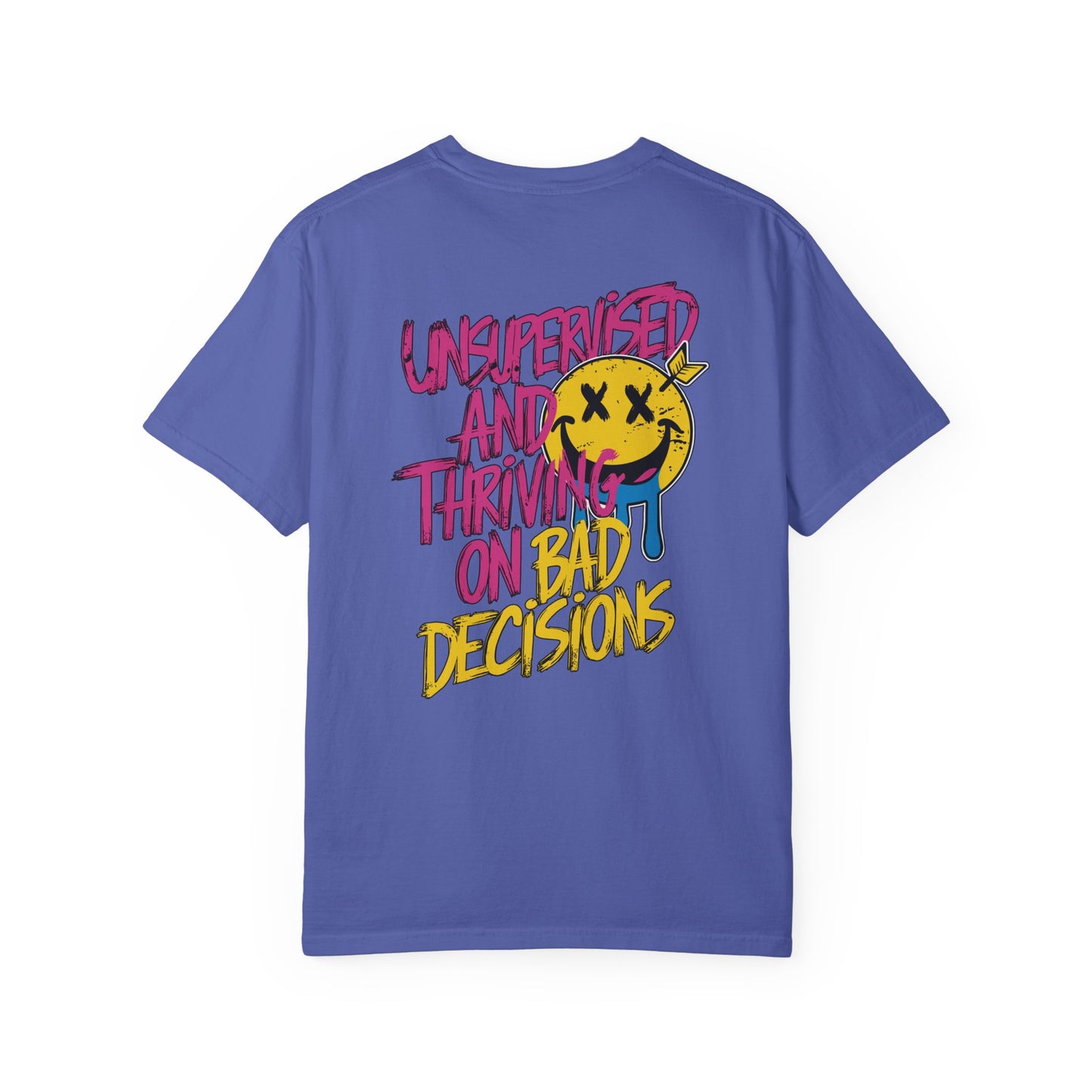SoliVisk Unsupervised and Thriving on Bad Decisions Old School Smiley Face Design - Retro Skater Style Funny Unisex T-shirt