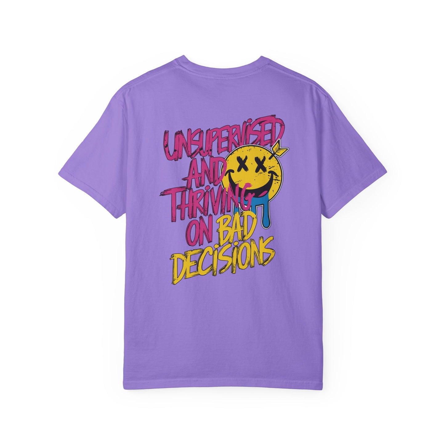 SoliVisk Unsupervised and Thriving on Bad Decisions Old School Smiley Face Design - Retro Skater Style Funny Unisex T-shirt
