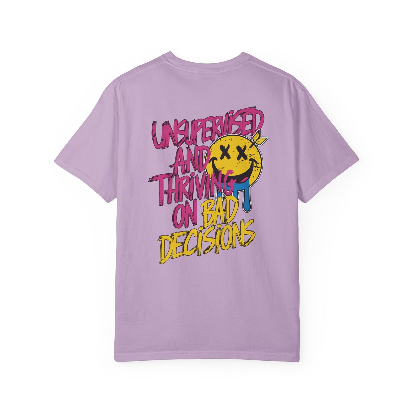 SoliVisk Unsupervised and Thriving on Bad Decisions Old School Smiley Face Design - Retro Skater Style Funny Unisex T-shirt