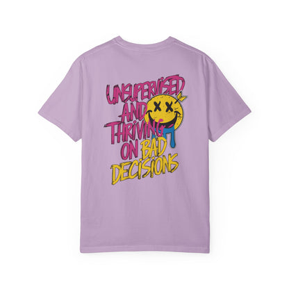 SoliVisk Unsupervised and Thriving on Bad Decisions Old School Smiley Face Design - Retro Skater Style Funny Unisex T-shirt