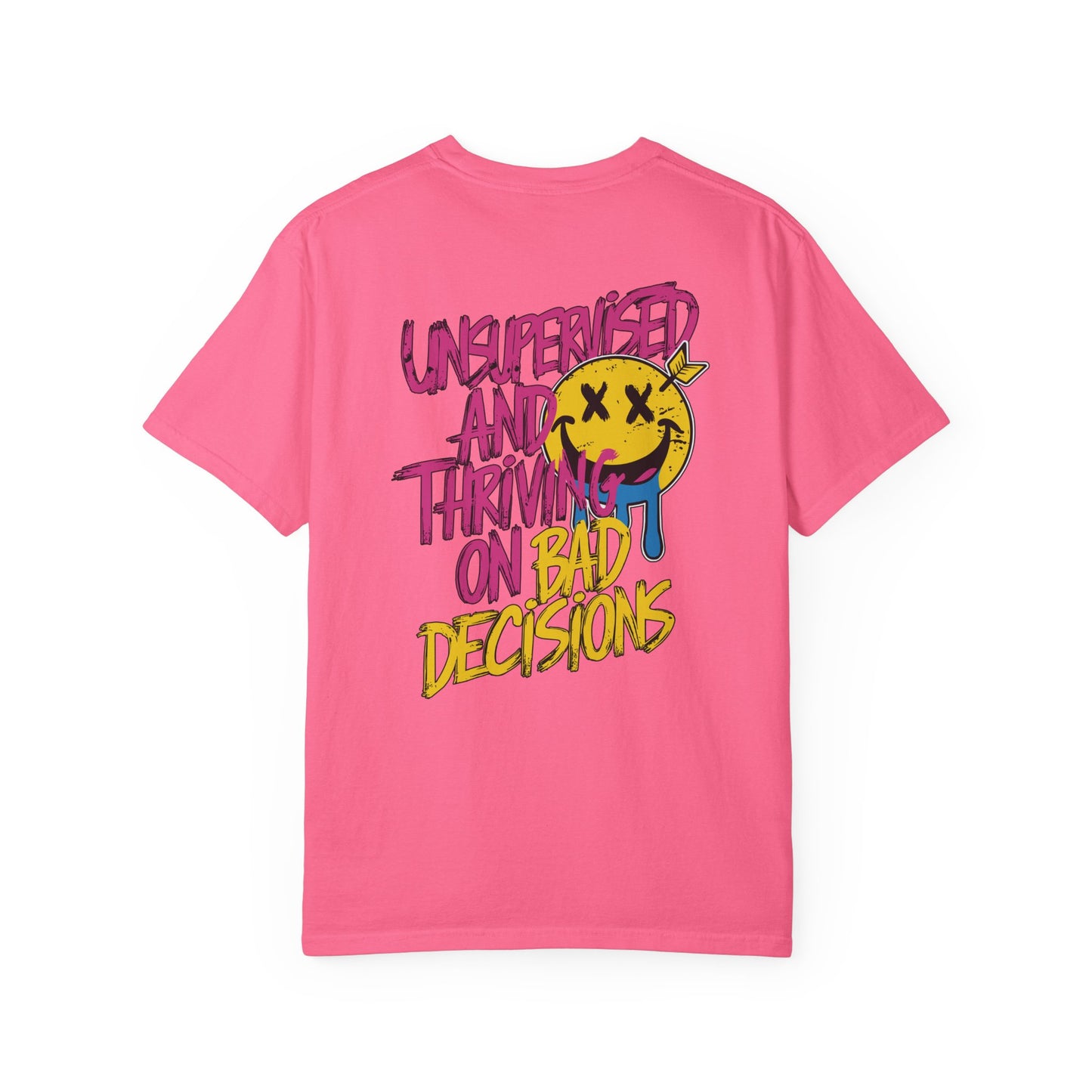 SoliVisk Unsupervised and Thriving on Bad Decisions Old School Smiley Face Design - Retro Skater Style Funny Unisex T-shirt