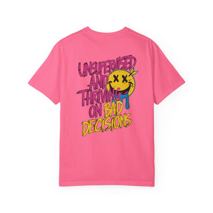 SoliVisk Unsupervised and Thriving on Bad Decisions Old School Smiley Face Design - Retro Skater Style Funny Unisex T-shirt