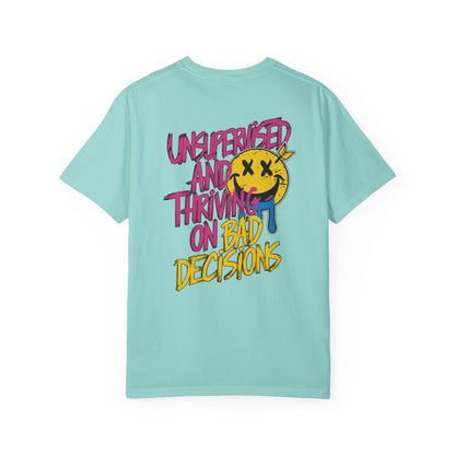 SoliVisk Unsupervised and Thriving on Bad Decisions Old School Smiley Face Design - Retro Skater Style Funny Unisex T-shirt