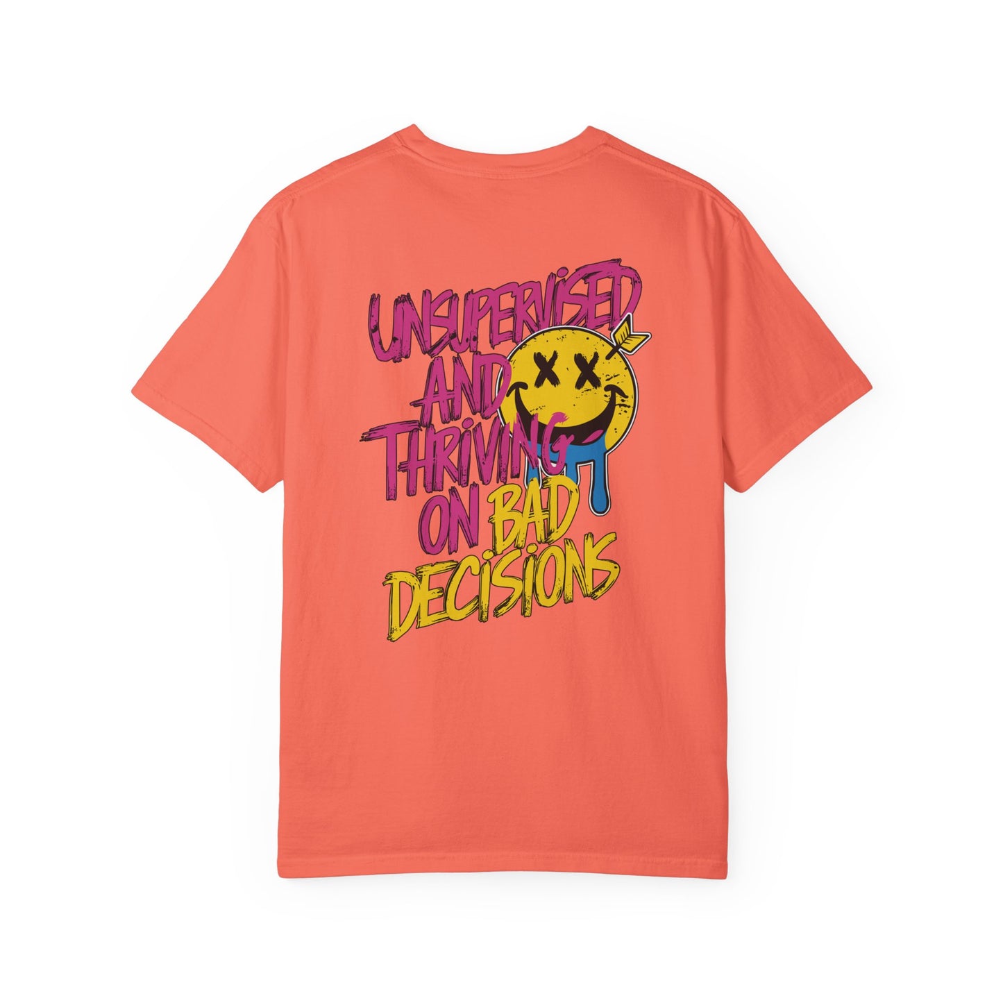 SoliVisk Unsupervised and Thriving on Bad Decisions Old School Smiley Face Design - Retro Skater Style Funny Unisex T-shirt