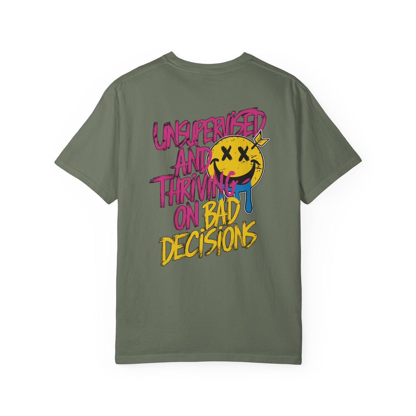 SoliVisk Unsupervised and Thriving on Bad Decisions Old School Smiley Face Design - Retro Skater Style Funny Unisex T-shirt
