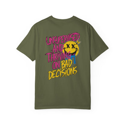 SoliVisk Unsupervised and Thriving on Bad Decisions Old School Smiley Face Design - Retro Skater Style Funny Unisex T-shirt