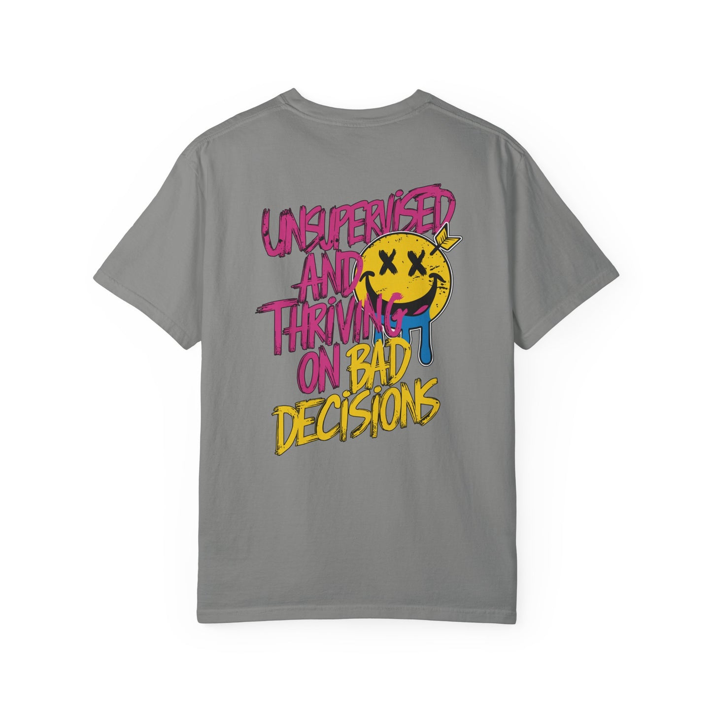 SoliVisk Unsupervised and Thriving on Bad Decisions Old School Smiley Face Design - Retro Skater Style Funny Unisex T-shirt