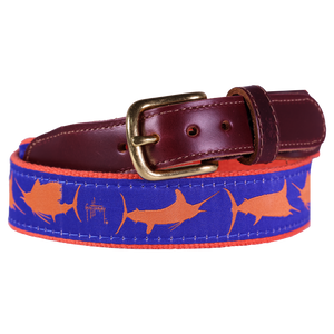 Guy Harvey Men’s Blue Marlin Orange and Royal Blue Leather Tab Belt