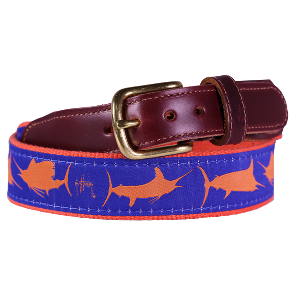 Guy Harvey Men’s Blue Marlin Orange and Royal Blue Leather Tab Belt