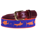 Guy Harvey Men’s Blue Marlin Orange and Royal Blue Leather Tab Belt