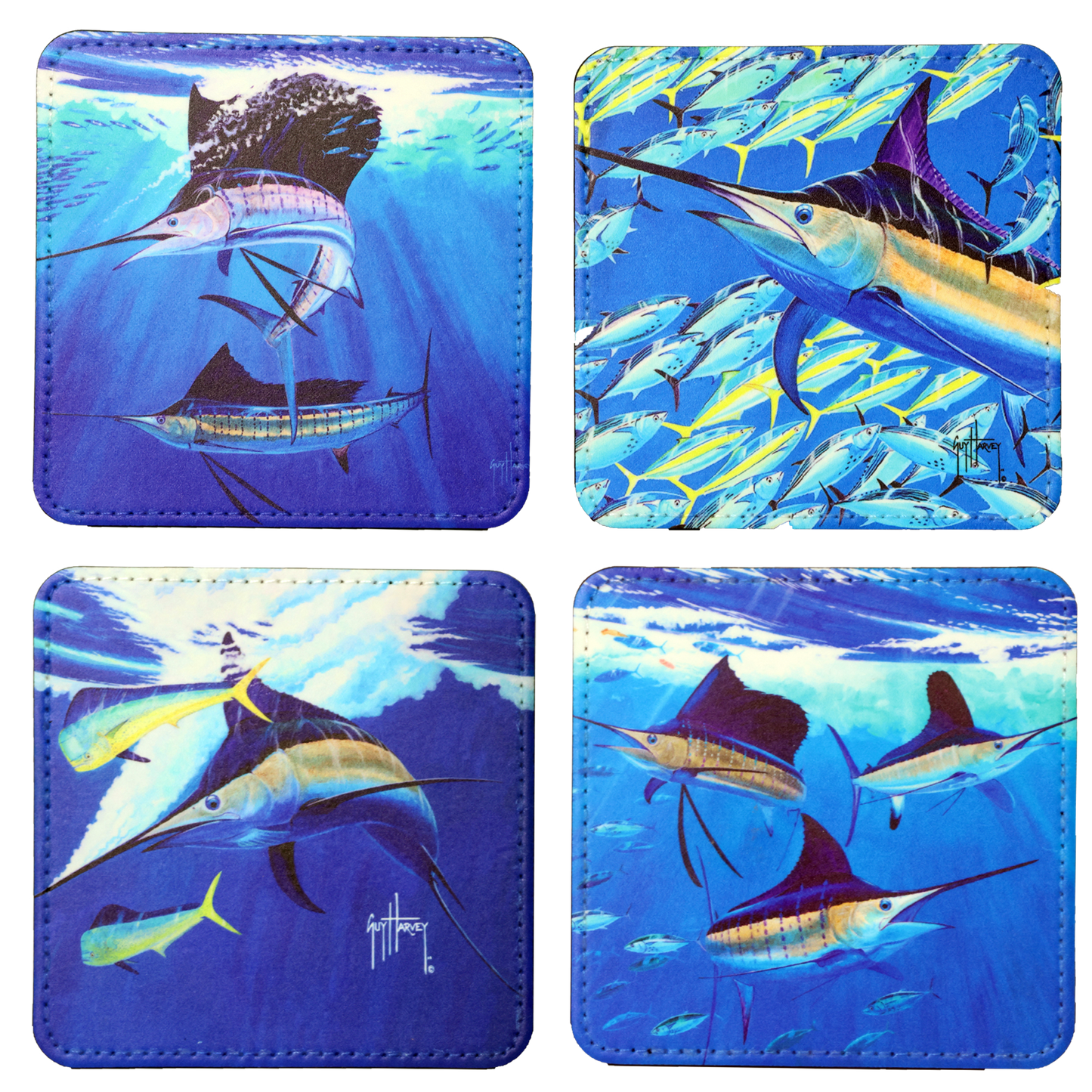 Guy Harvey Swords and Sails Square Leather Coasters with Wood Display Holder