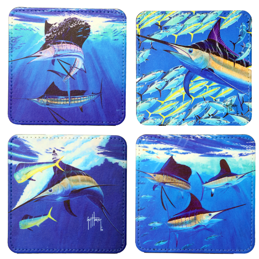 Guy Harvey Swords and Sails Square Leather Coasters with Wood Display Holder