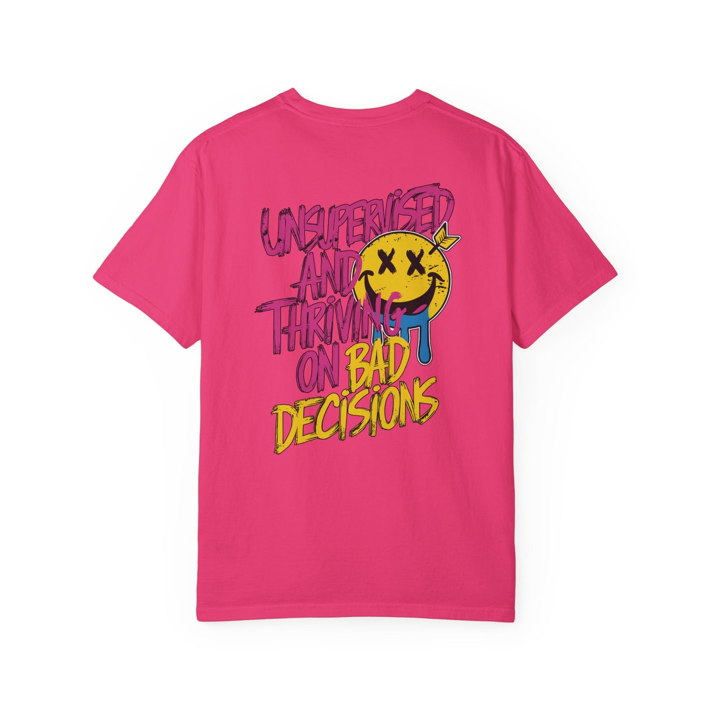 SoliVisk Unsupervised and Thriving on Bad Decisions Old School Smiley Face Design - Retro Skater Style Funny Unisex T-shirt