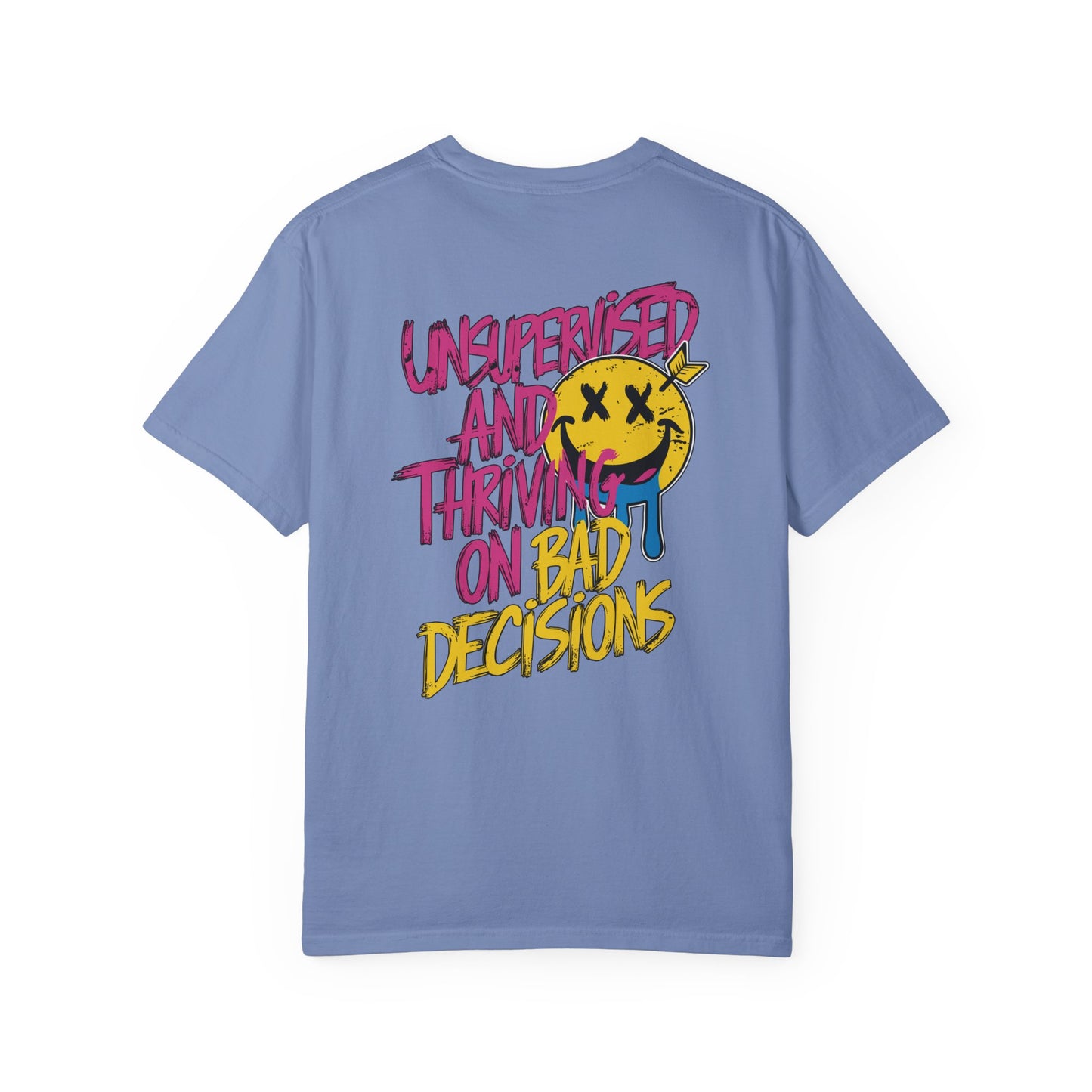 SoliVisk Unsupervised and Thriving on Bad Decisions Old School Smiley Face Design - Retro Skater Style Funny Unisex T-shirt