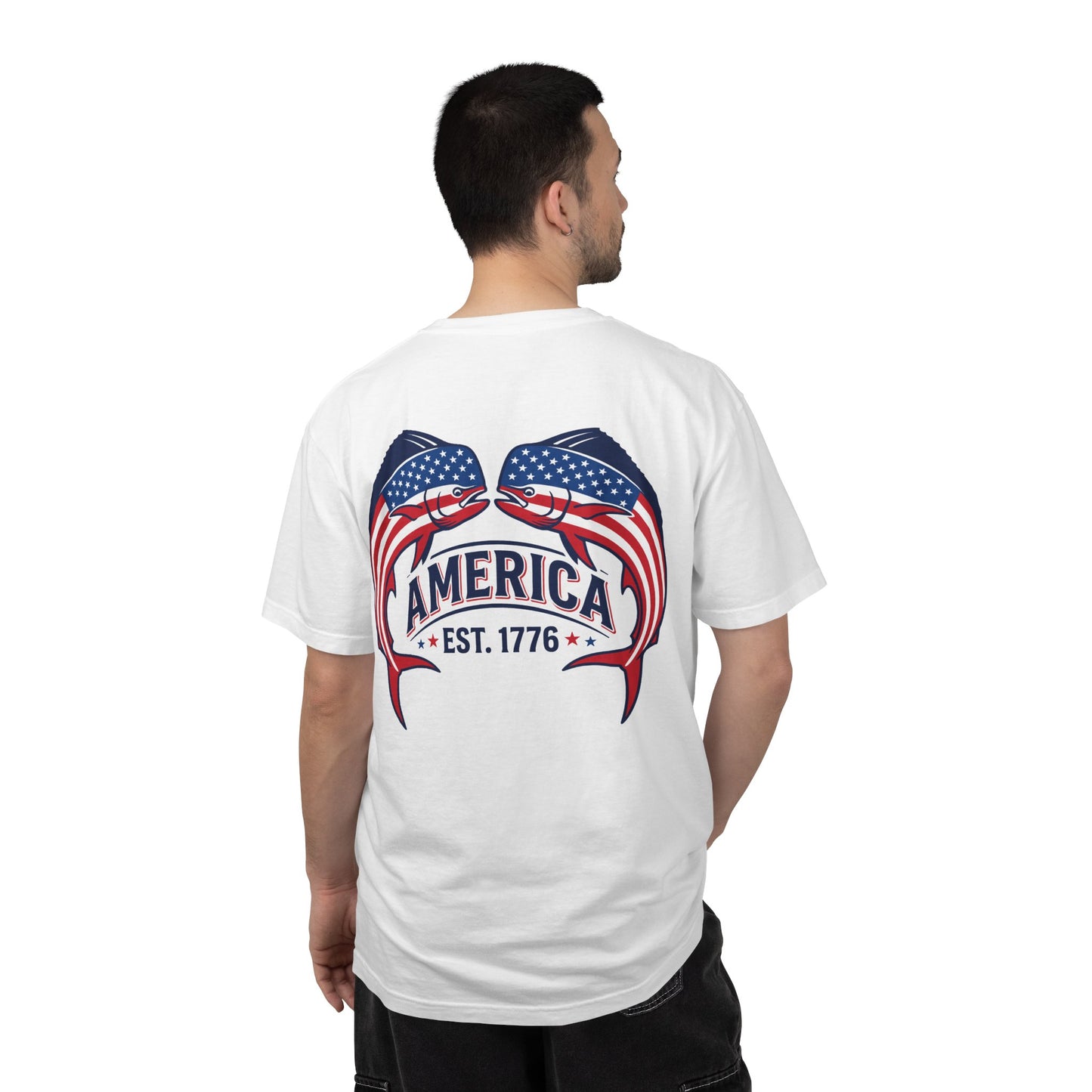 SoliVisk Patriotic USA Flag Mahi Mahi Dolphin Saltwater Fishing T Shirt