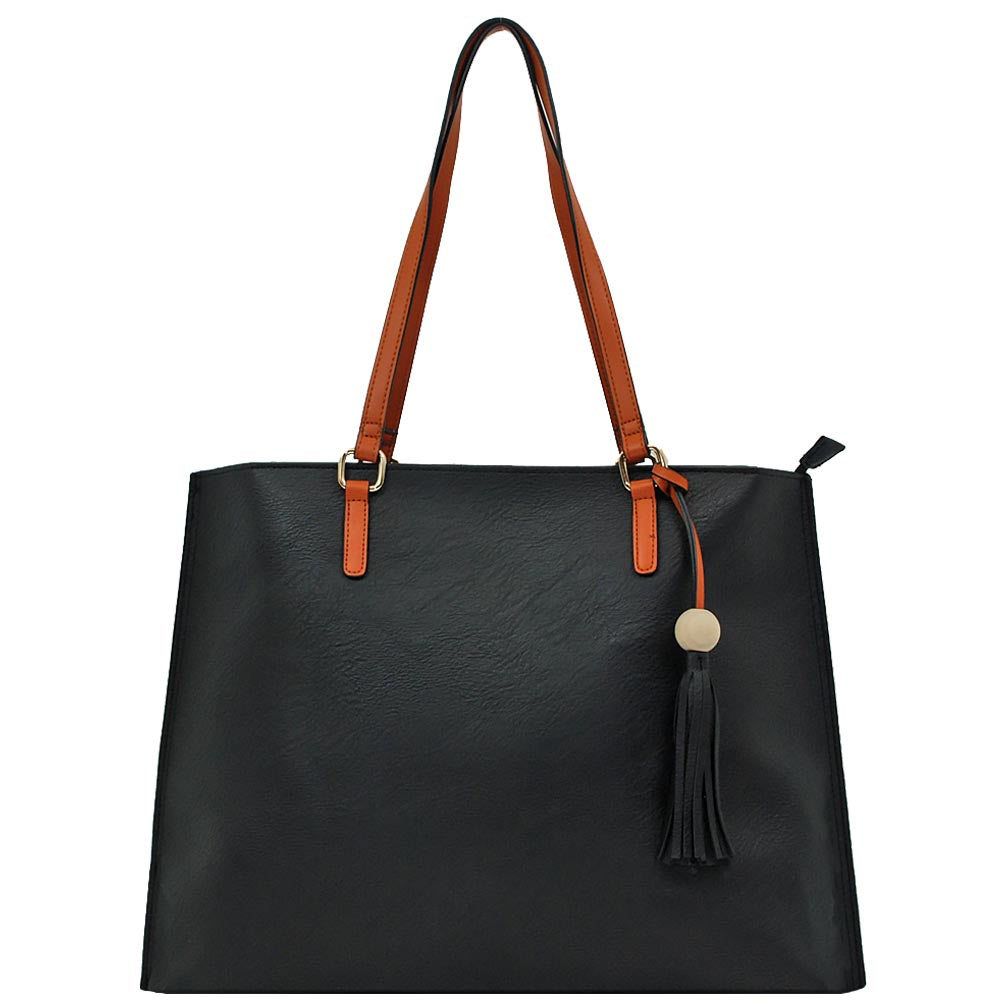 Women’s Faux Leather Tote Bag with Tassel, Goldtone Hardware & Zip Top Closure