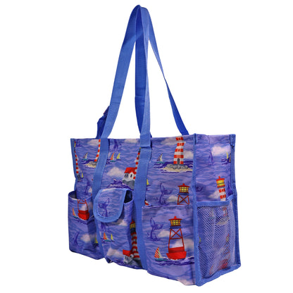 Medium 5-Pocket Utility Organizer Tote Available in Lighthouse or Tropical Parrot Print for Beach Trips, Crafting, Picnics, and Travel