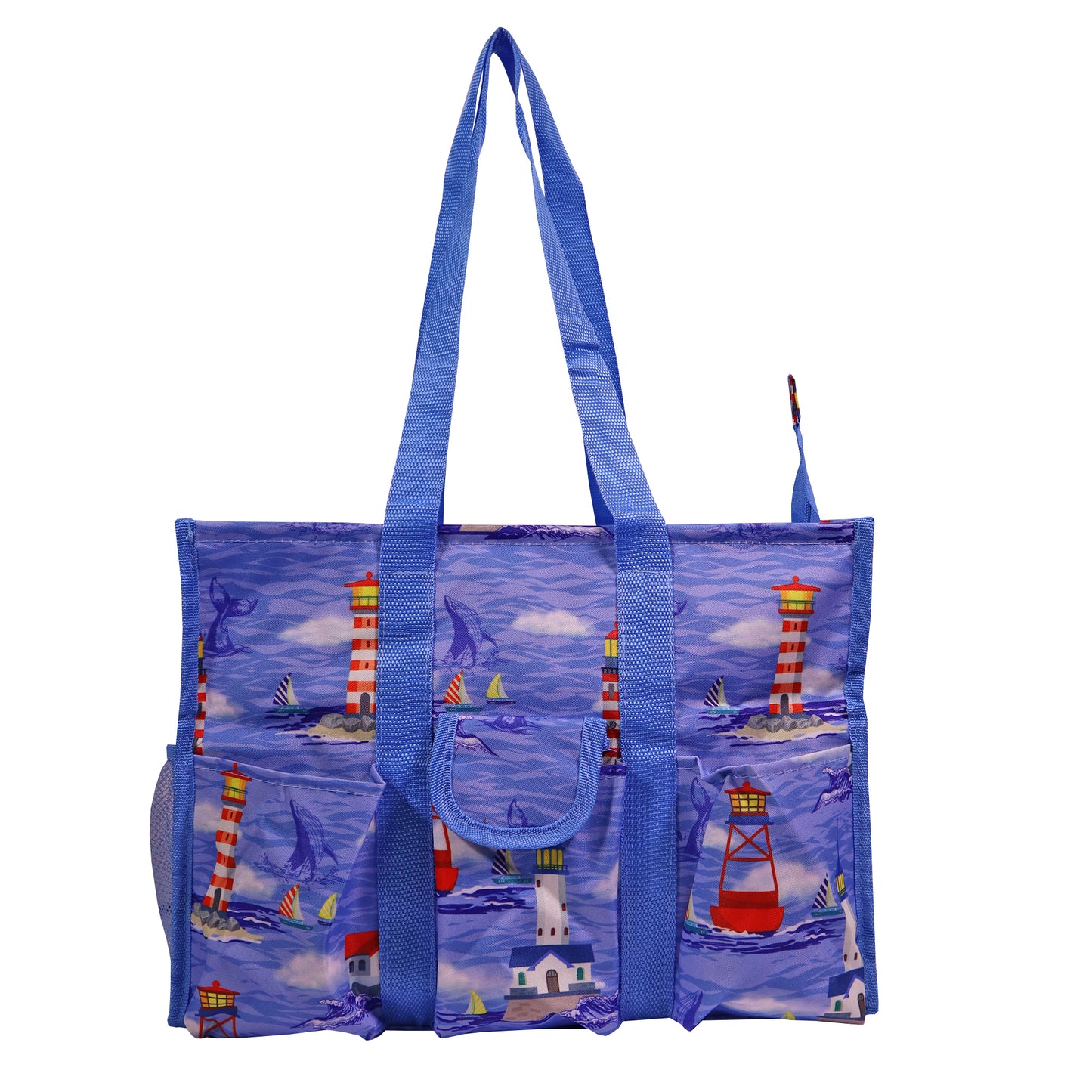 Medium 5-Pocket Utility Organizer Tote Available in Lighthouse or Tropical Parrot Print for Beach Trips, Crafting, Picnics, and Travel