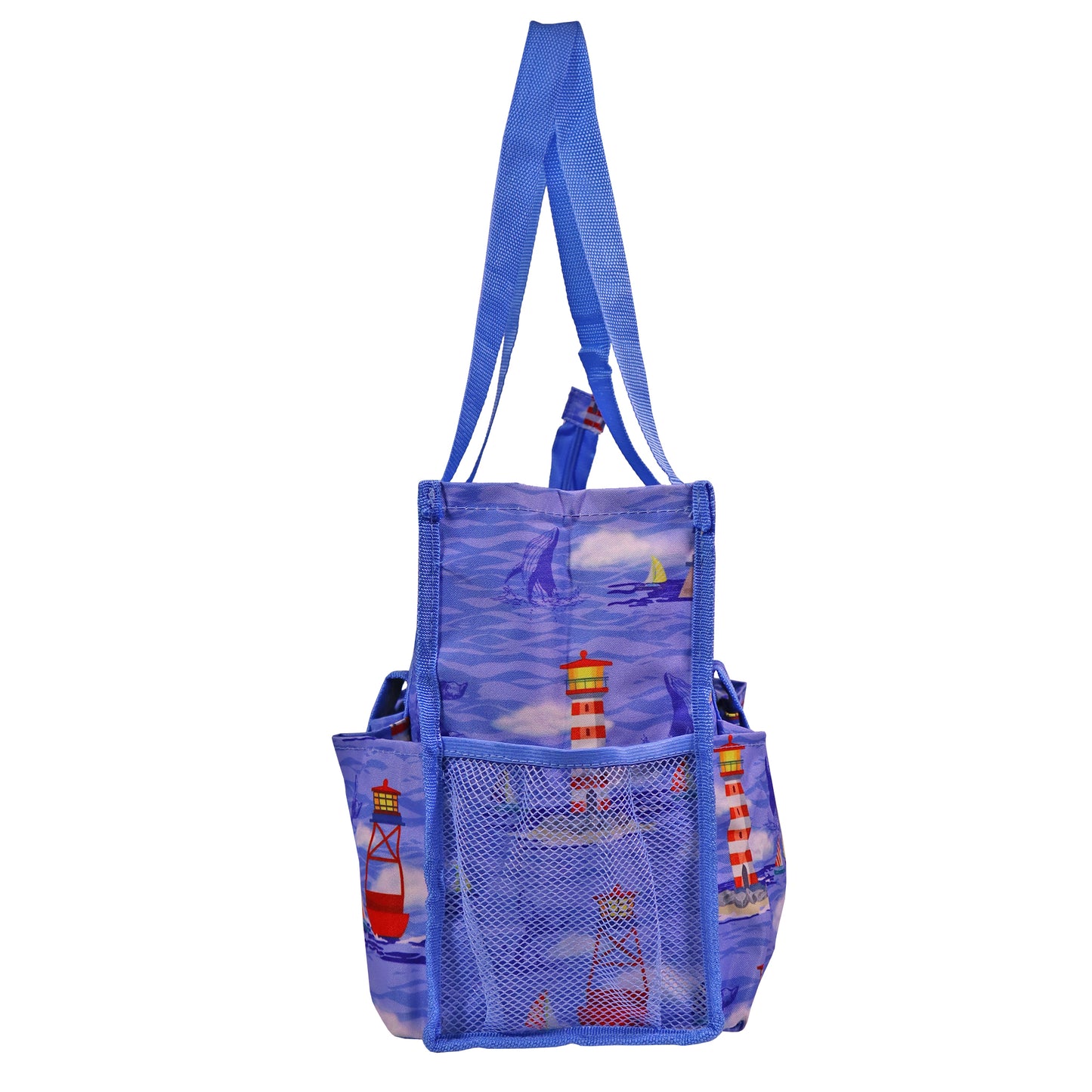 Medium 5-Pocket Utility Organizer Tote Available in Lighthouse or Tropical Parrot Print for Beach Trips, Crafting, Picnics, and Travel