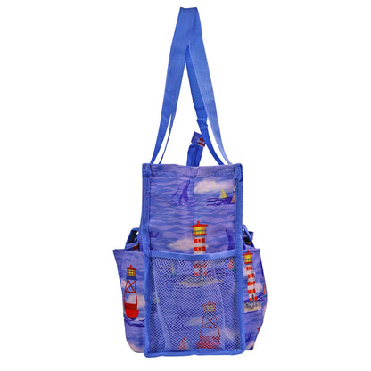 Medium 5-Pocket Utility Organizer Tote Available in Lighthouse or Tropical Parrot Print for Beach Trips, Crafting, Picnics, and Travel