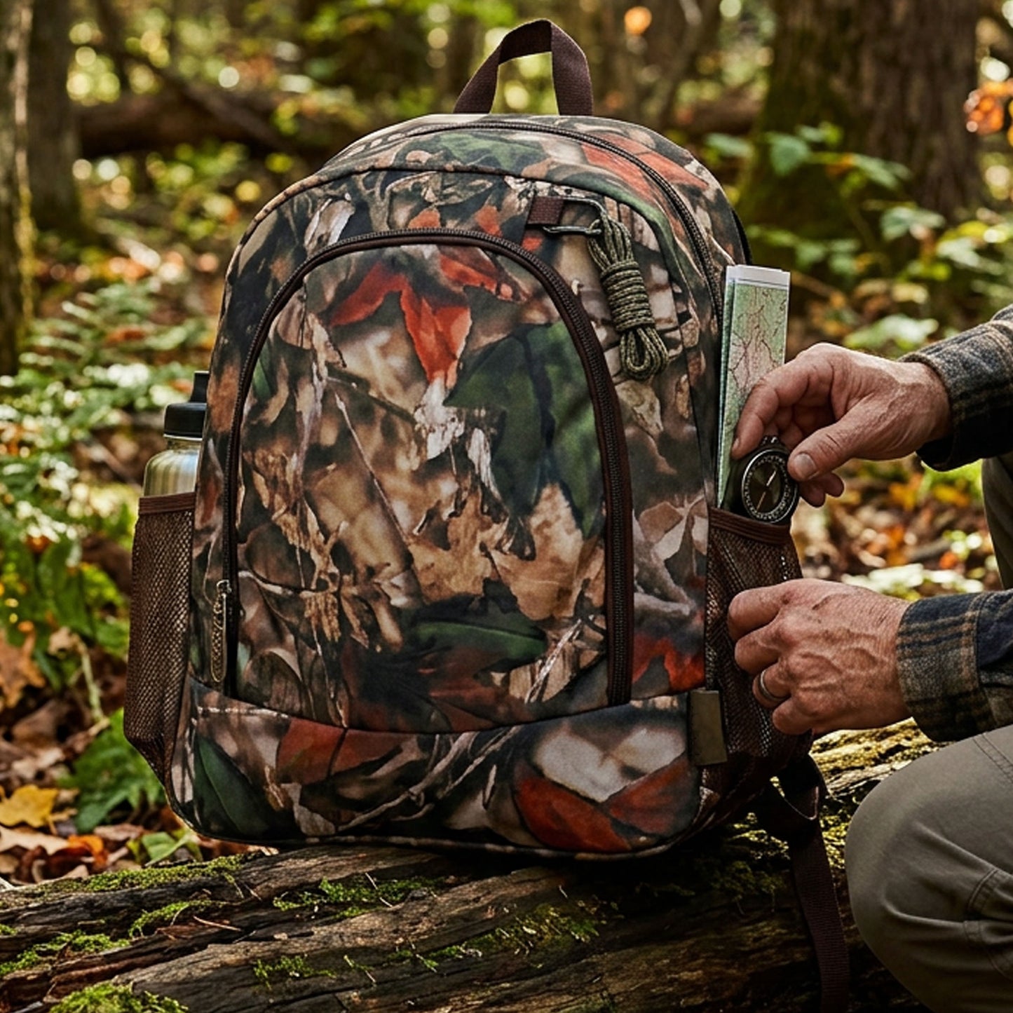 Lightweight Camo Outdoor Backpack - with Multiple Compartments and Side Mesh Pockets