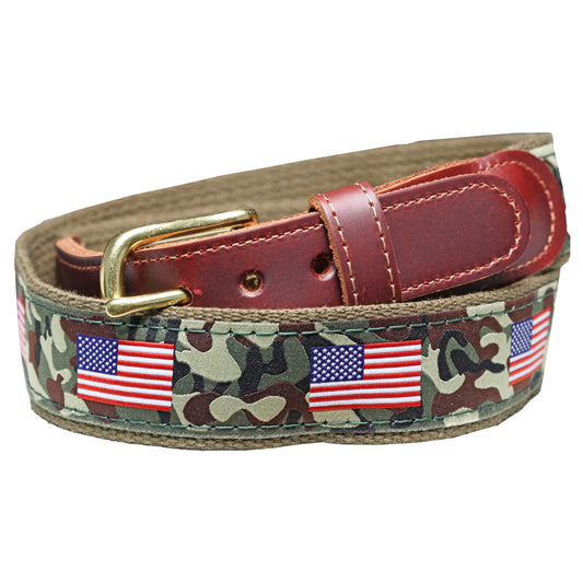 SoliVisk Men’s Premium USA Flag Ribbon on Camo Belt with Reinforced Leather Tabs
