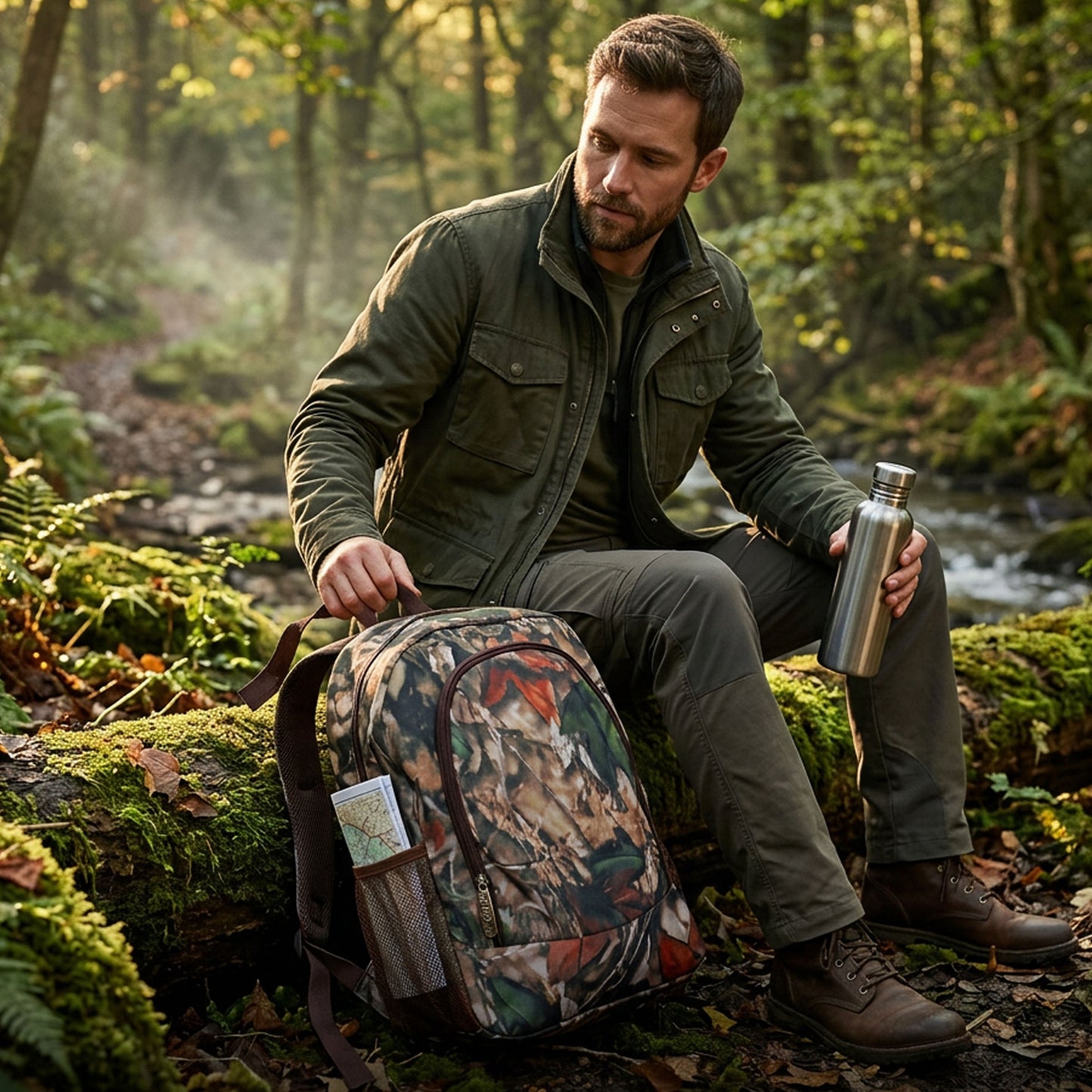 Lightweight Camo Outdoor Backpack - with Multiple Compartments and Side Mesh Pockets