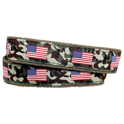 SoliVisk Men’s Premium USA Flag Ribbon on Camo Belt with Reinforced Leather Tabs