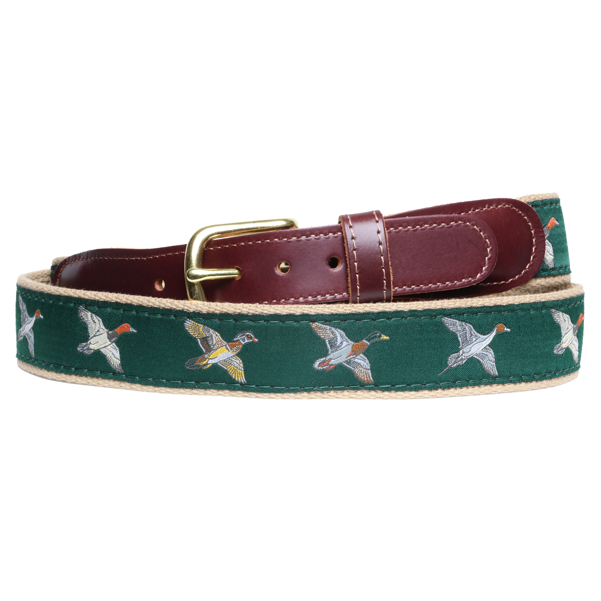 Solivisk Men's Ducks in Flight Leather Tab Ribbon Belt