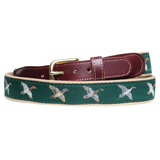 Solivisk Men's Ducks in Flight Leather Tab Ribbon Belt