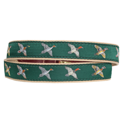 Solivisk Men's Ducks in Flight Leather Tab Ribbon Belt