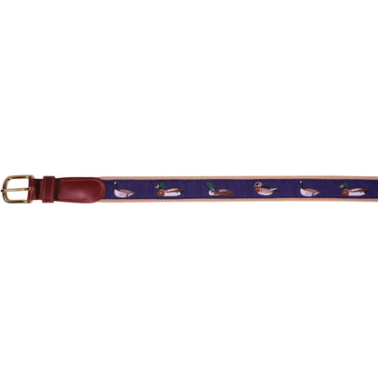 Men's Classic Navy Waterfowl Leather Tab Ribbon Belt