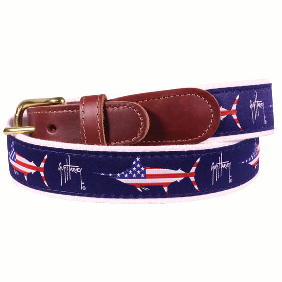 Guy Harvey Men’s Patriotic USA Marlin Leather Ribbon Belt