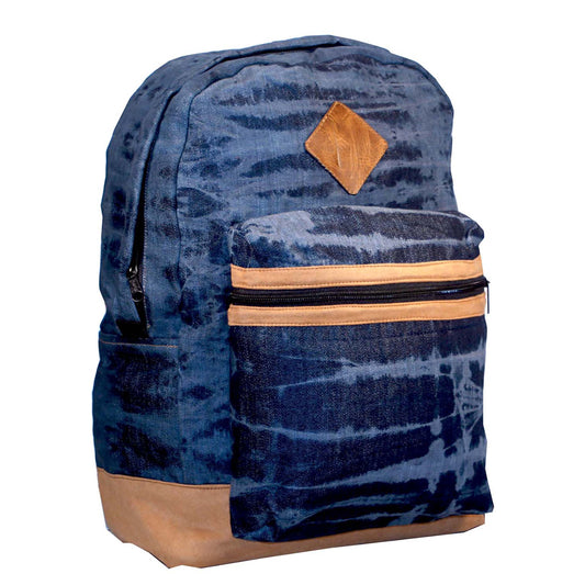 Distressed Faded Denim Backpack with Leather Accents