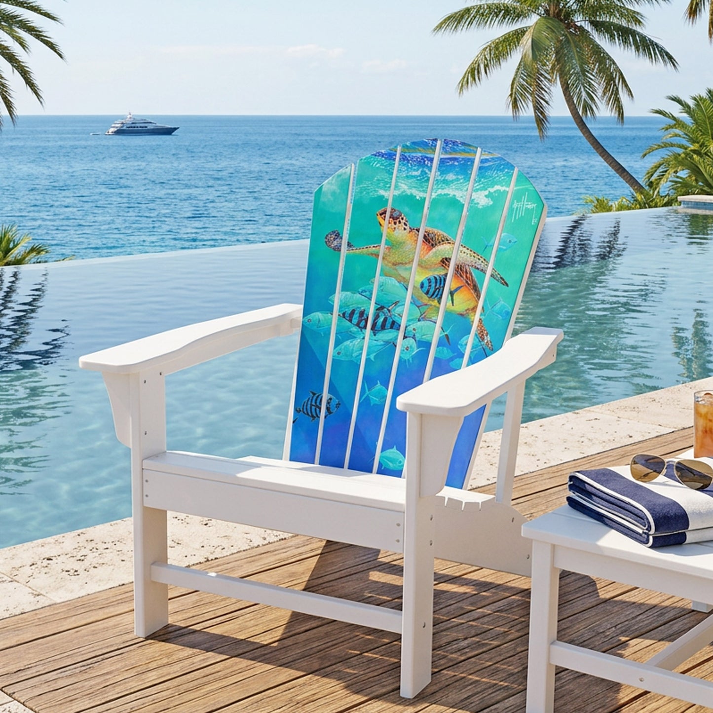 Guy Harvey Hawksbill Caravan Adirondack Chair – Outdoor HDPE Patio Chair with Sea Turtle Artwork