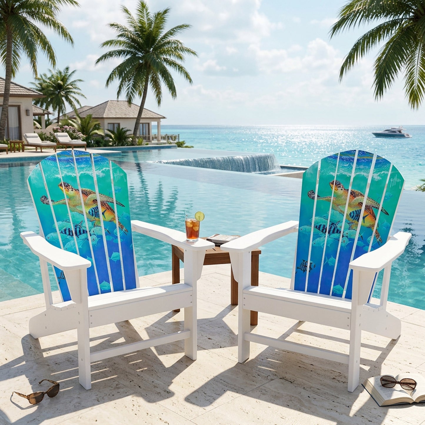 Guy Harvey Hawksbill Caravan Adirondack Chair – Outdoor HDPE Patio Chair with Sea Turtle Artwork