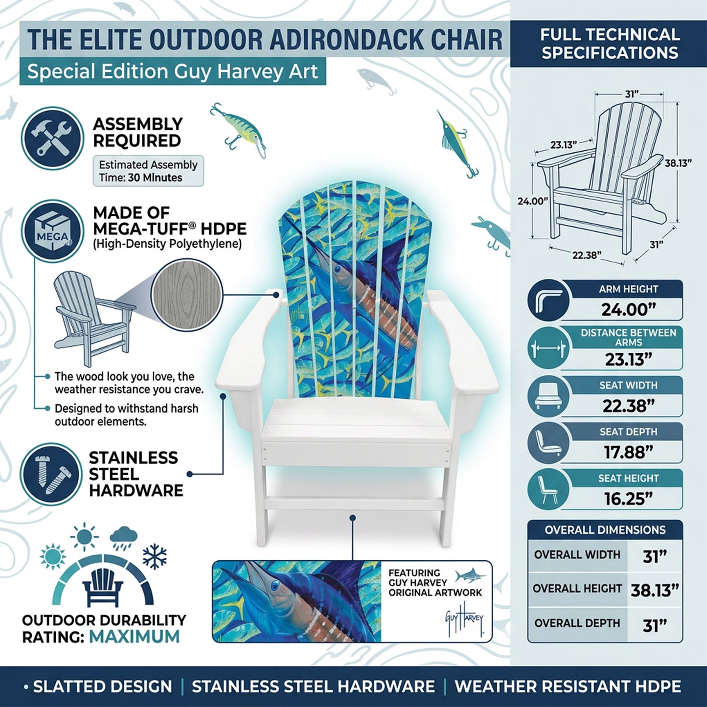 Guy Harvey Missed a Spot Marlin Adirondack Chair – Outdoor HDPE Patio Chair
